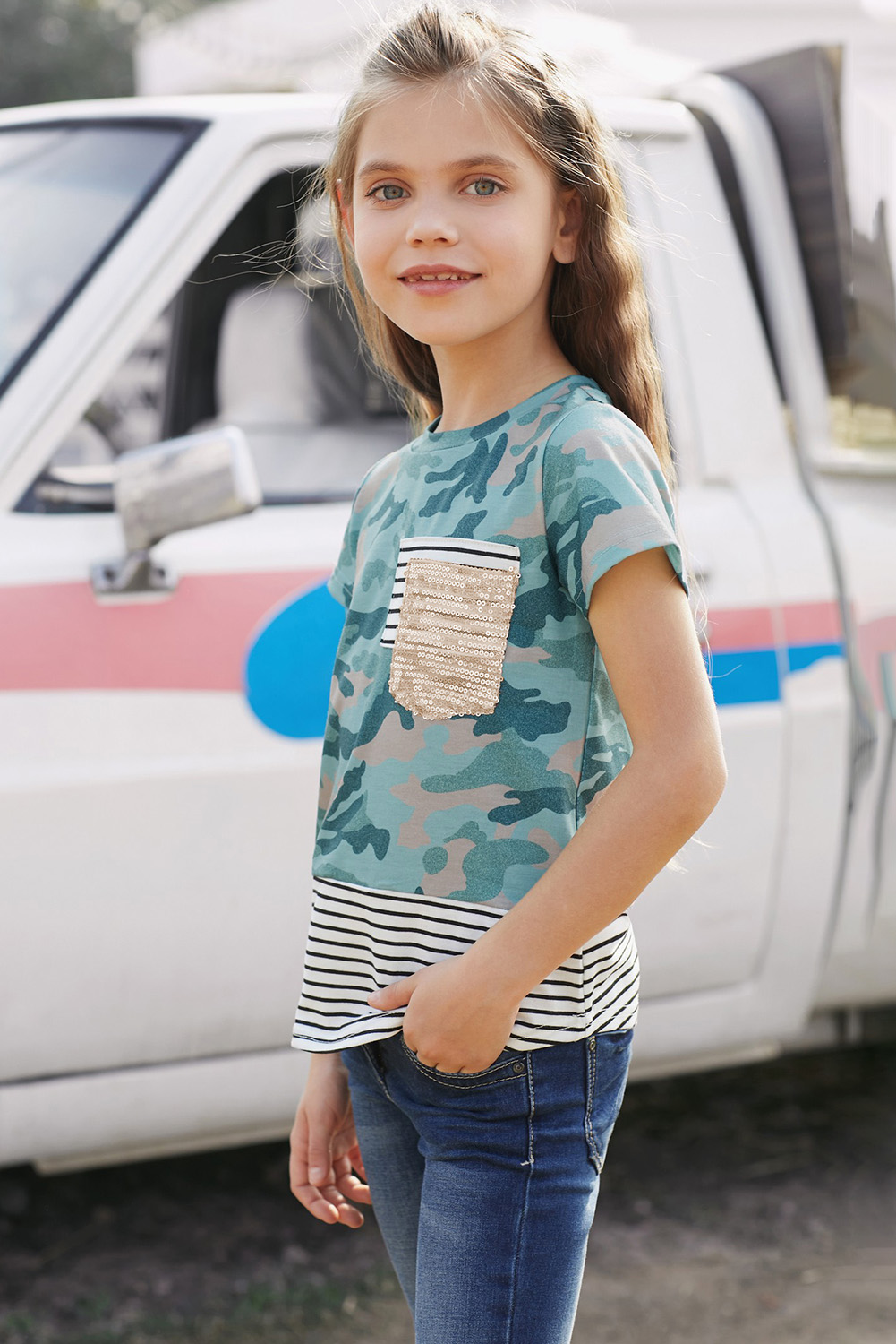 Green Camo Print Splicing Stripes Girls' T-Shirt