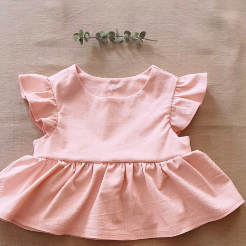 Girls Pink Linen Cotton Flare Sleeve Dress & Triangle Shorts Set