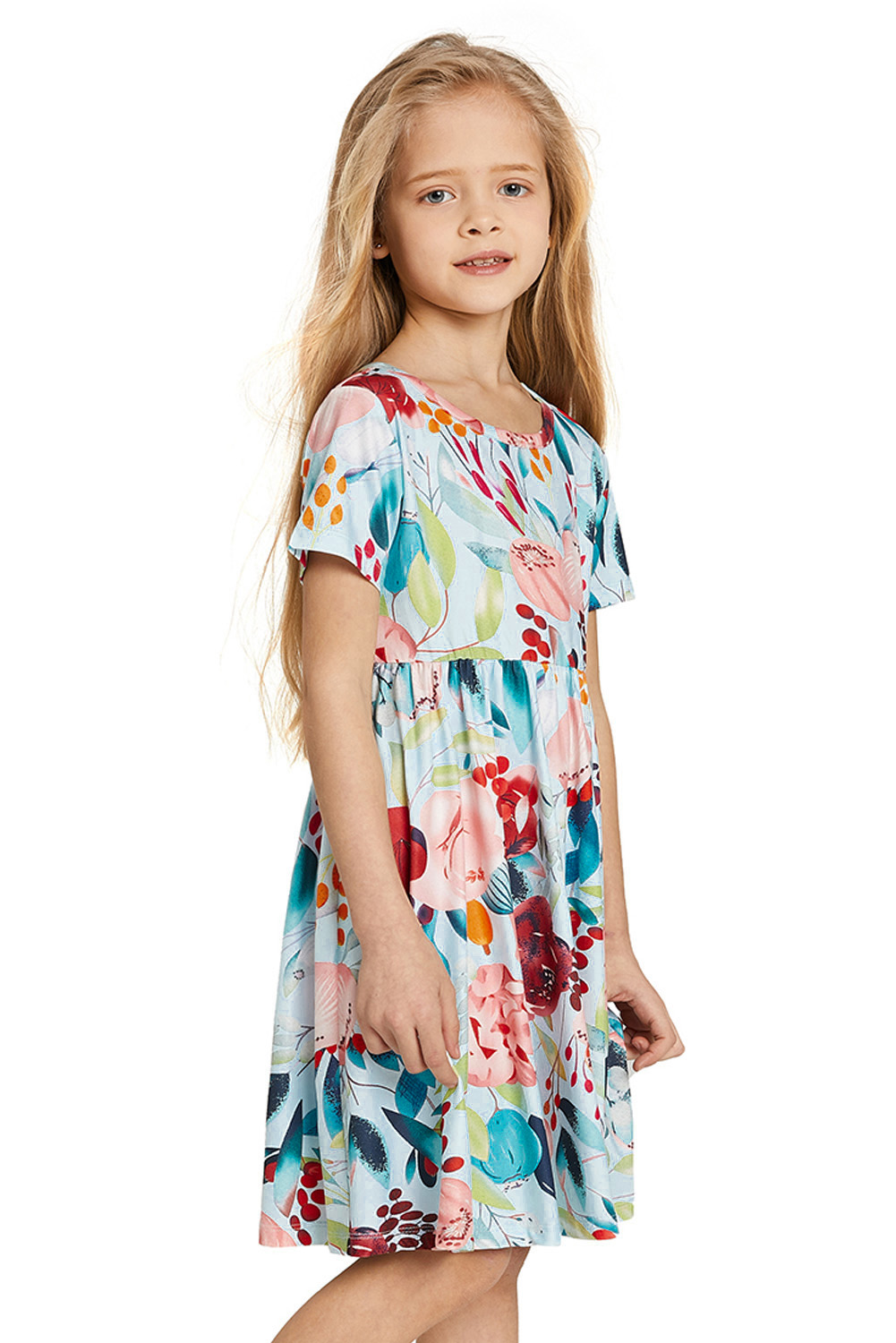 Sky Blue Crewneck Short Sleeve Floral Girl's Midi Dress