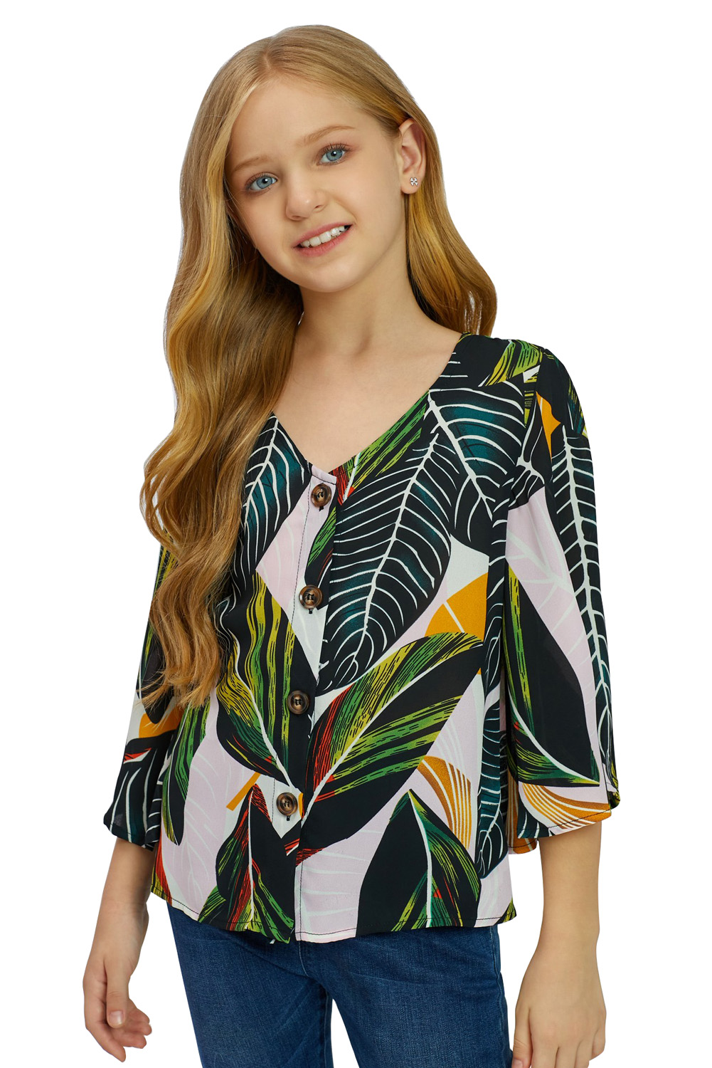 Tropical Leaf V Neck Ruffled Sleeve Buttons Girl's Blouse