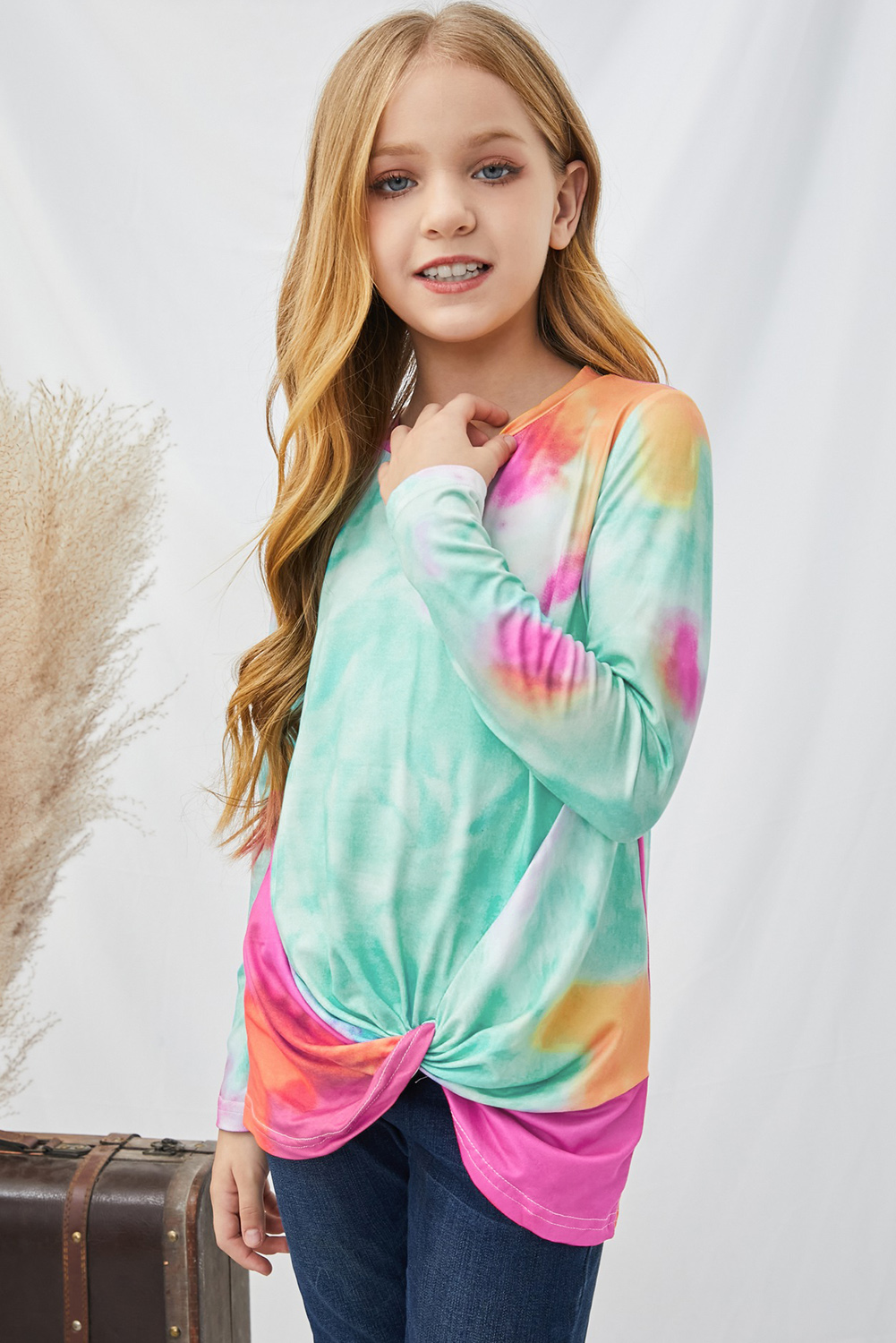 Green Tie Dyed Twist Knot Girl's Long Sleeve Top