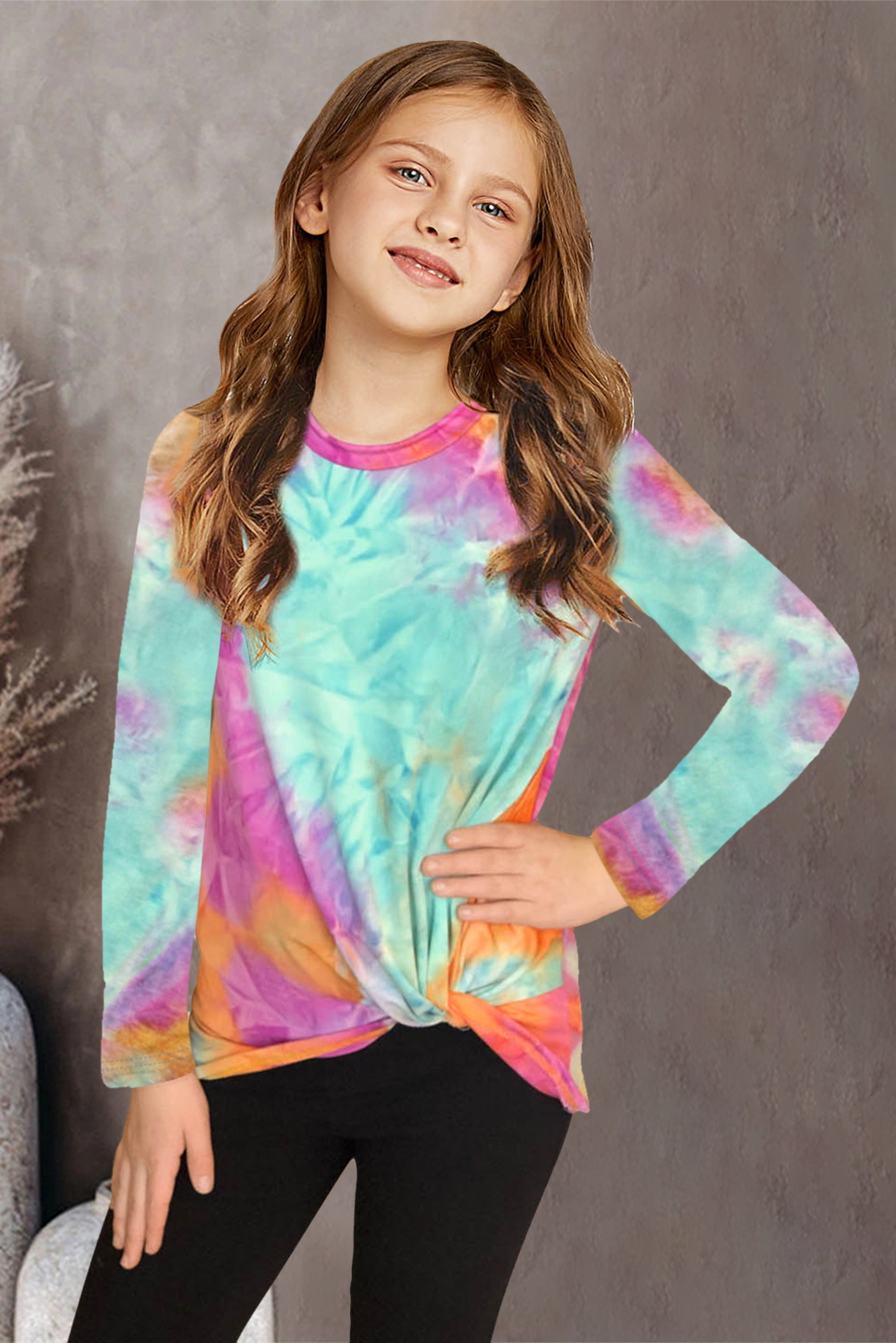 Green Tie Dyed Twist Knot Girl's Long Sleeve Top