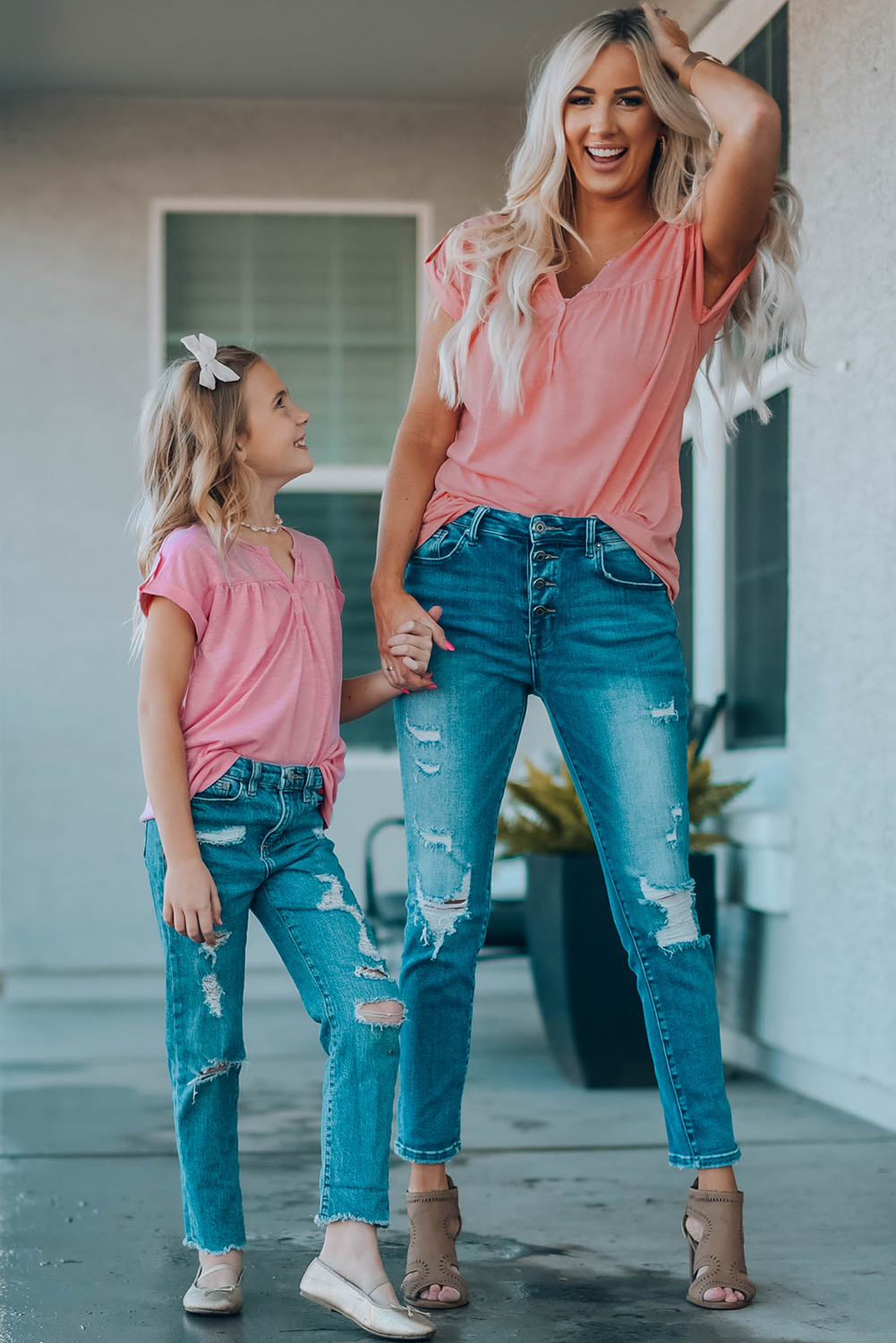 Pink Roll Up Short Sleeve Girls' Top With Buttons