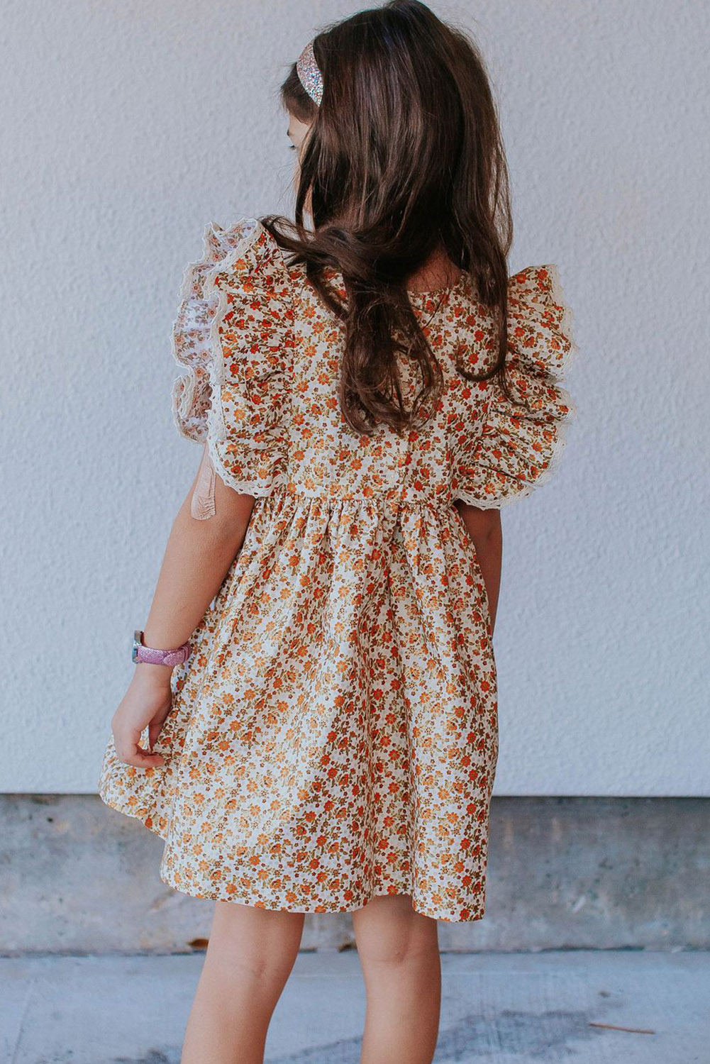 Orange Little Girls Floral Print Ruffled Sleeve Dress