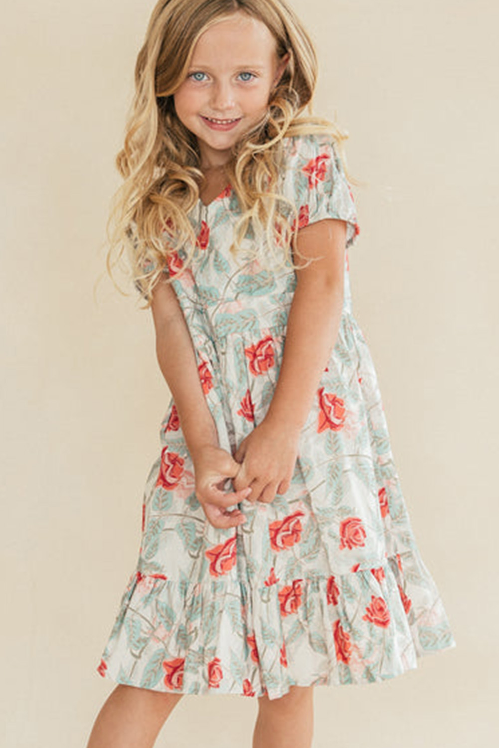 Red Little Girls Painted Rose Floral Dress