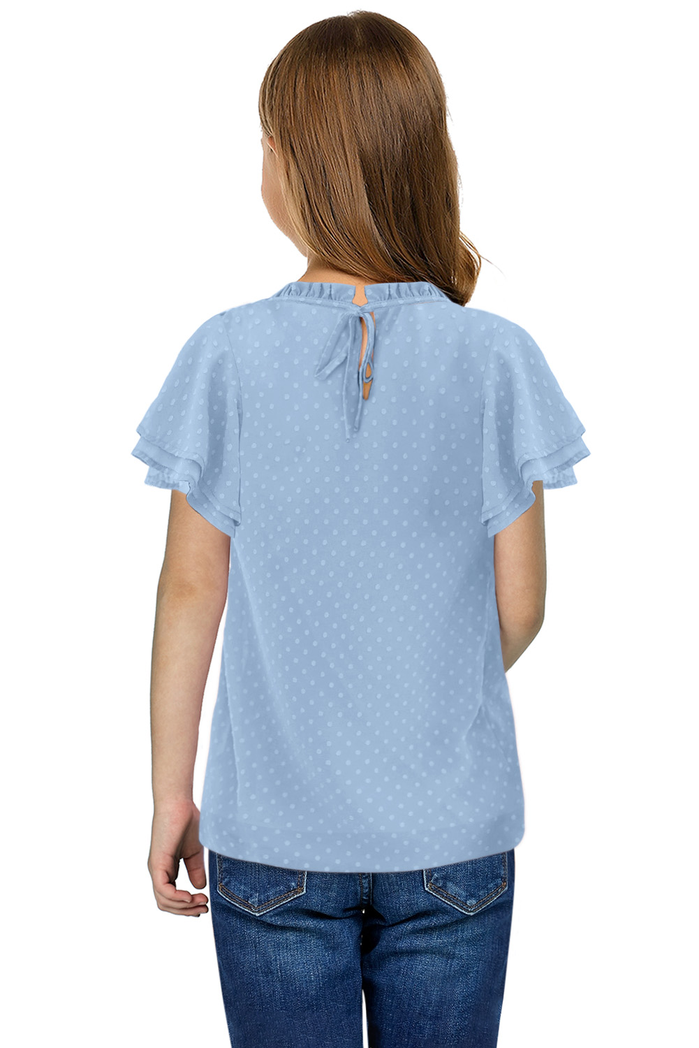 Sky Blue Little Girl Swiss Dot Ruffle Sleeves Top