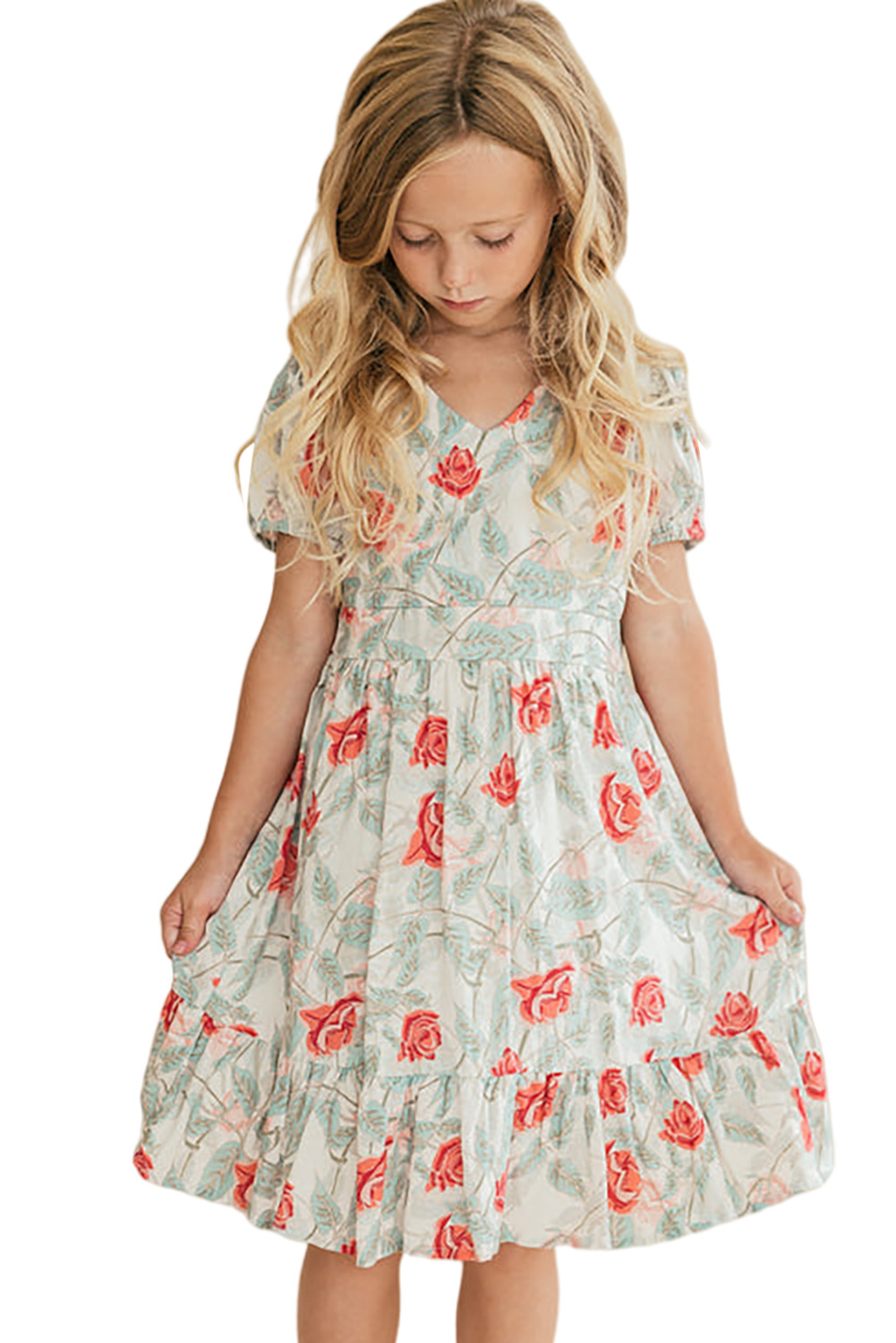 Red Little Girls Painted Rose Floral Dress