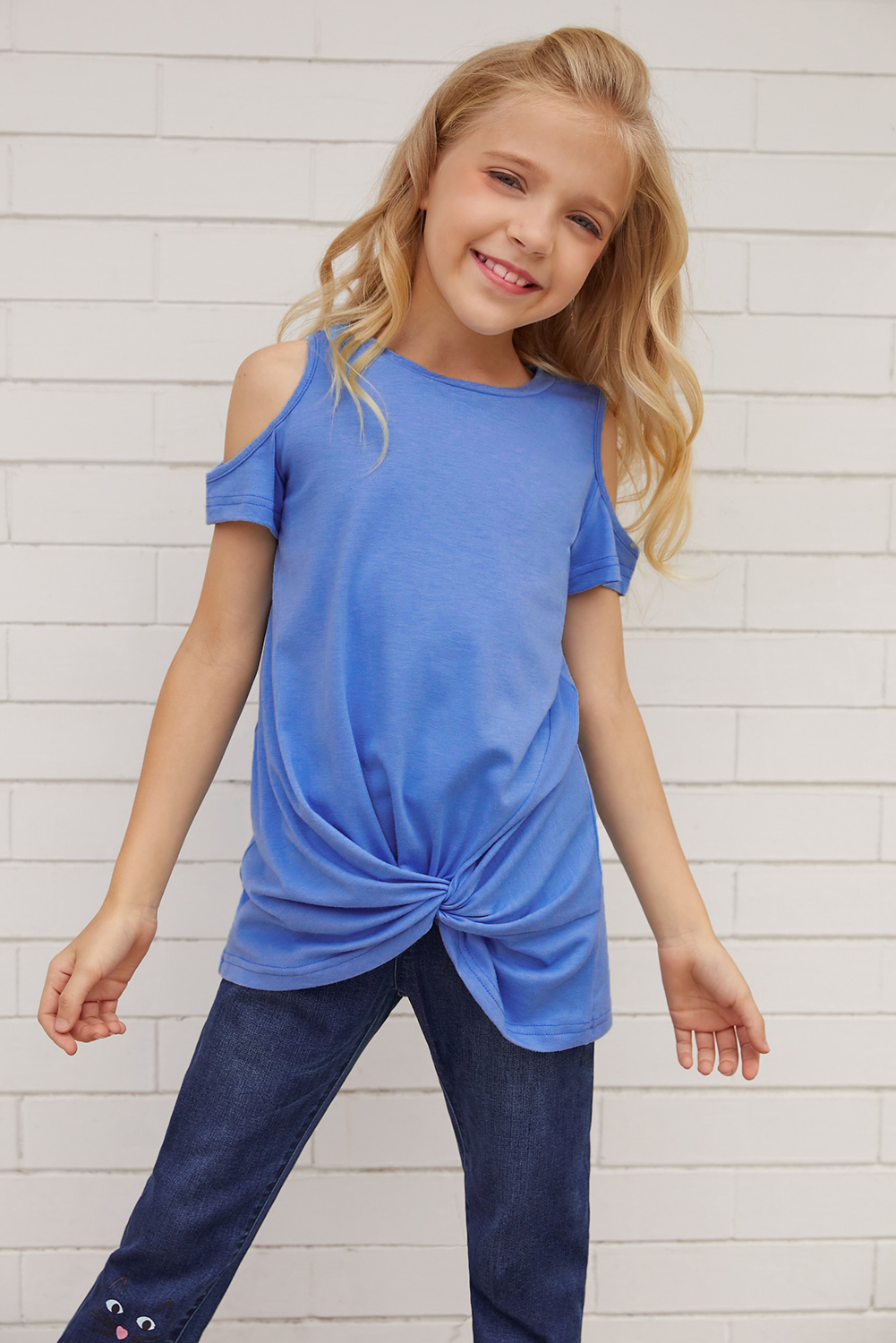 Sky Blue Cold Shoulder Twist Girls Short Sleeves Top