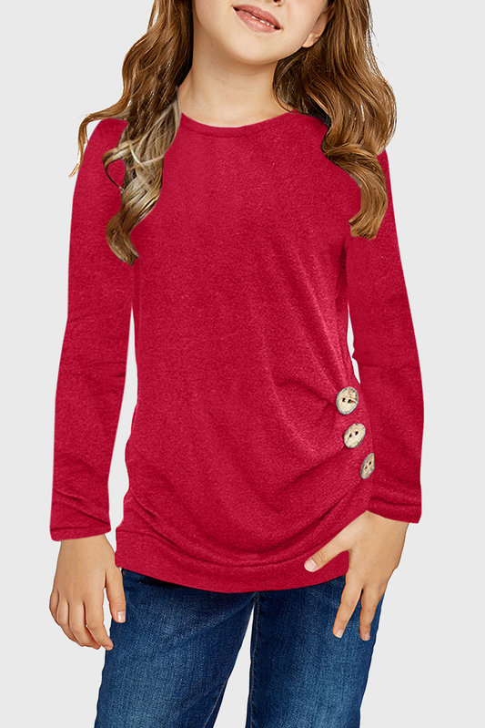 Red Little Girls Long Sleeve Buttoned Side Top