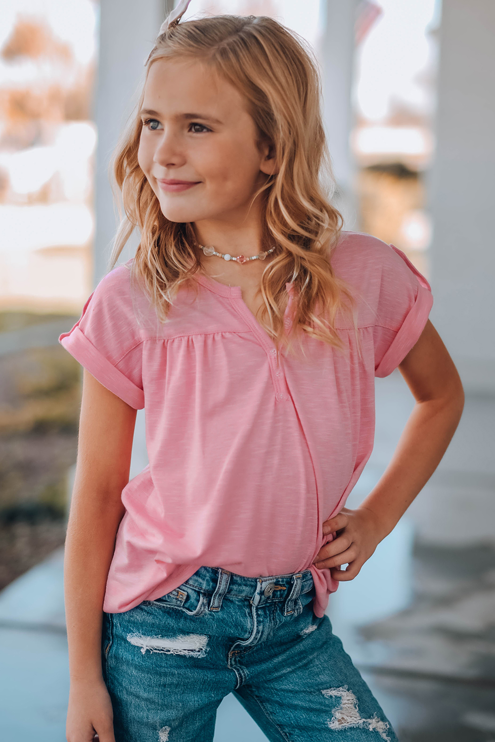 Pink Roll Up Short Sleeve Girls' Top With Buttons