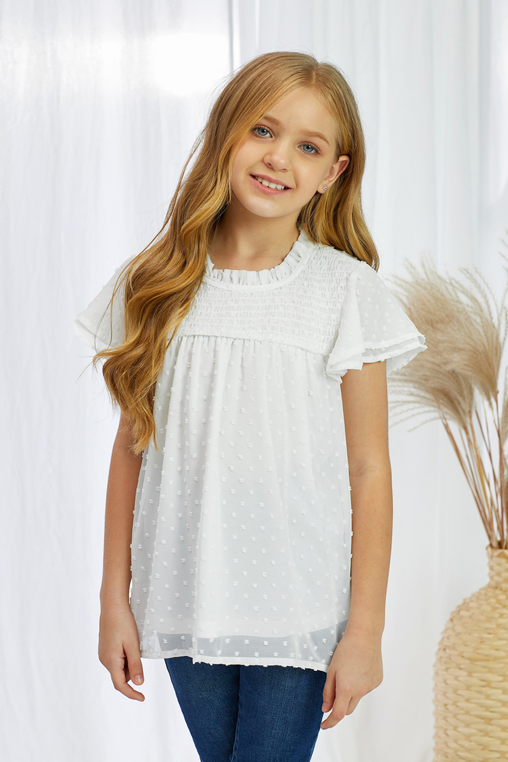 White Little Girl Swiss Dot Ruffle Sleeves Top