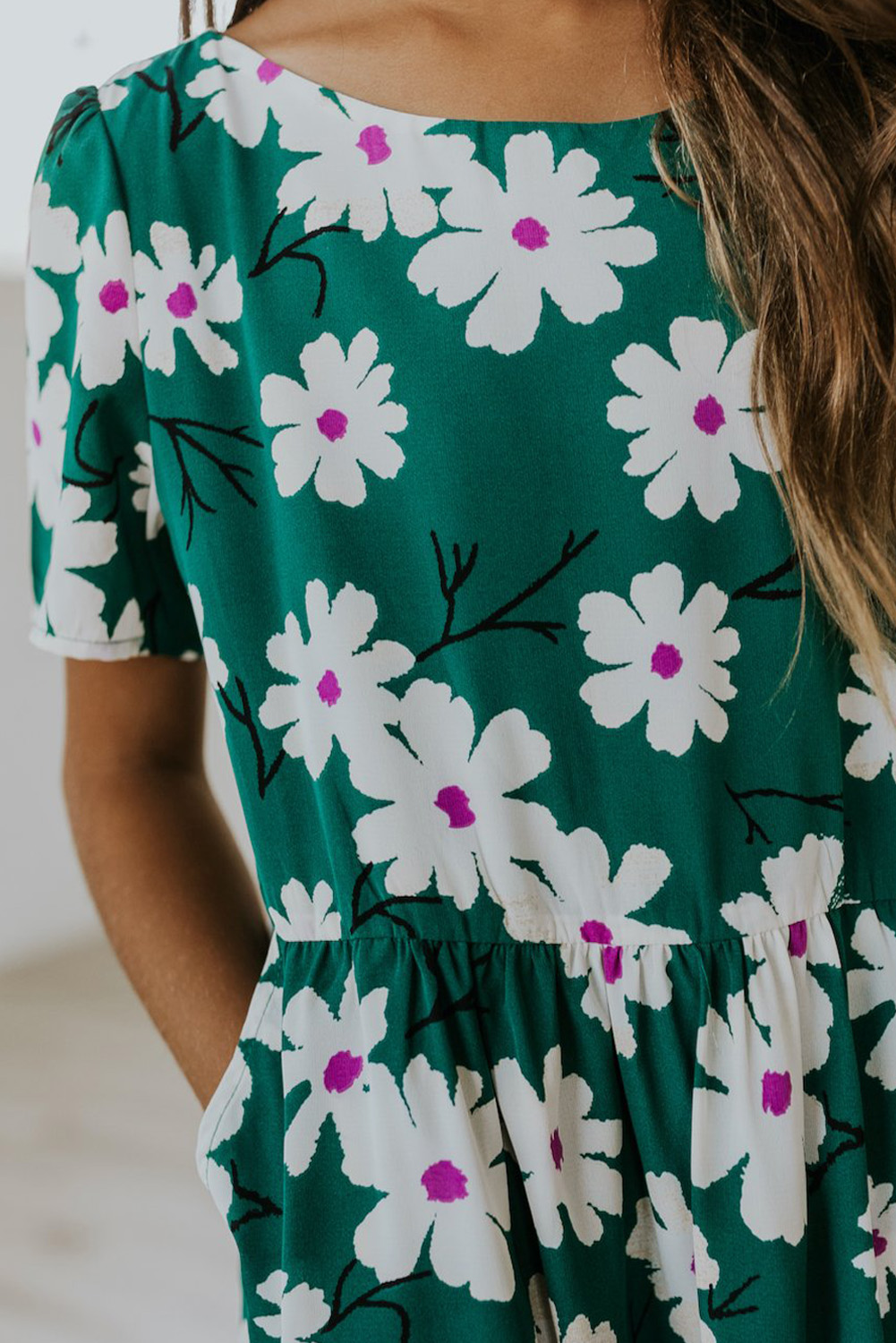 Green Crewneck Short Sleeve Pockets Floral Girl's Midi Dress