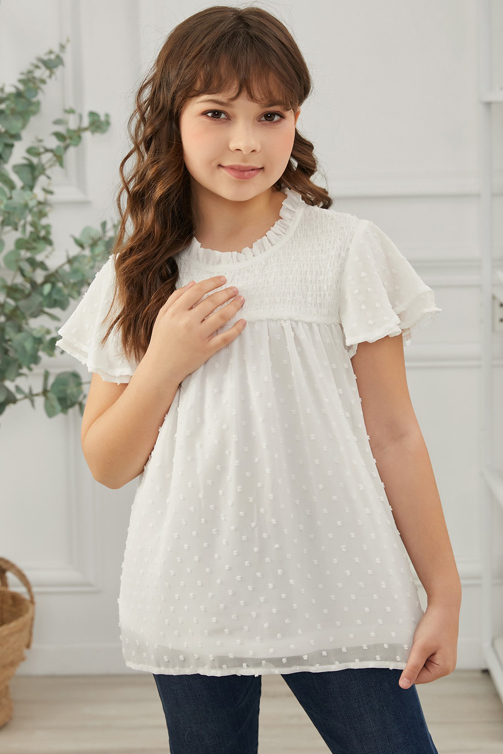 White Little Girl Swiss Dot Ruffle Sleeves Top