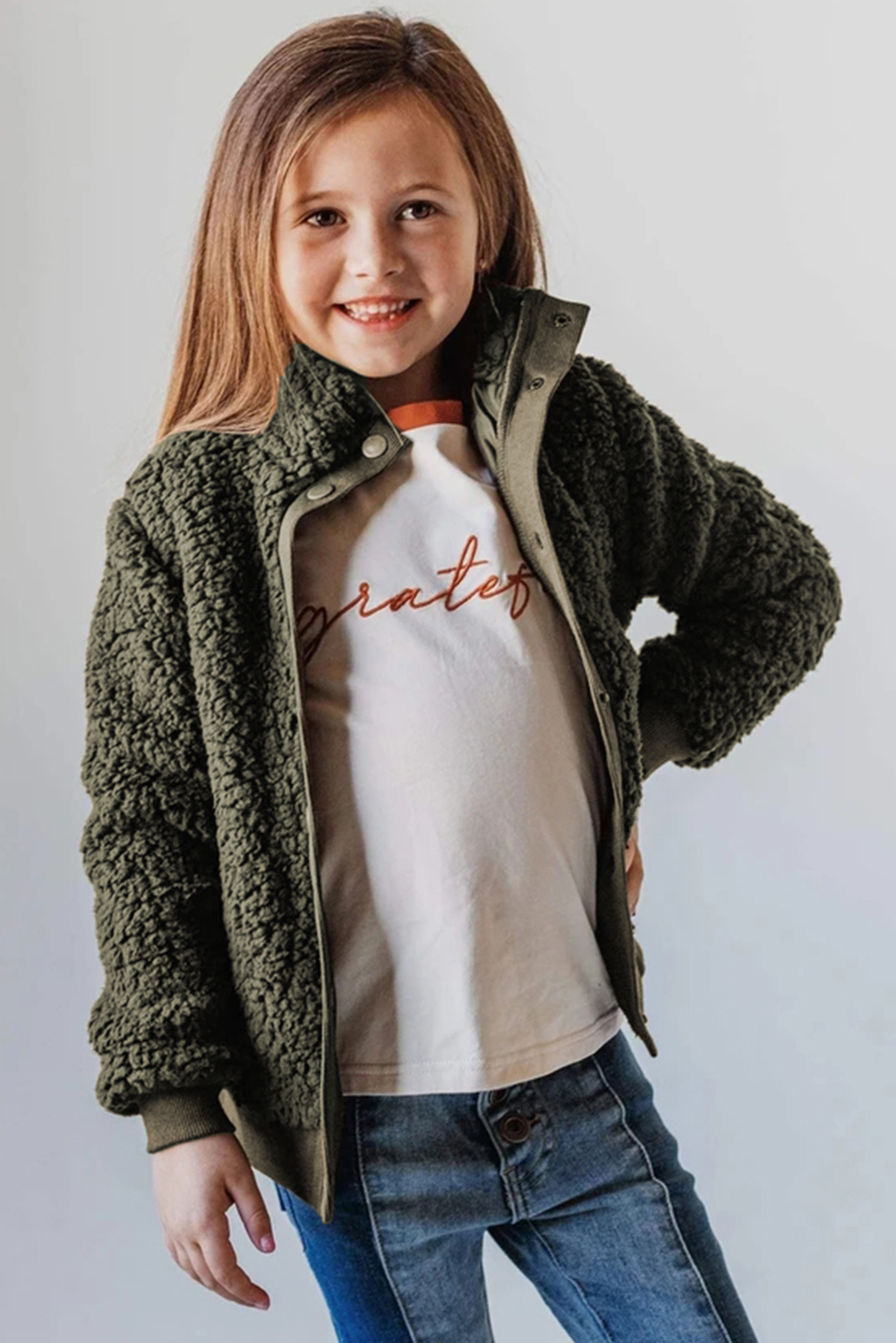 Green Buttoned Solid Fleece Girl's Coat