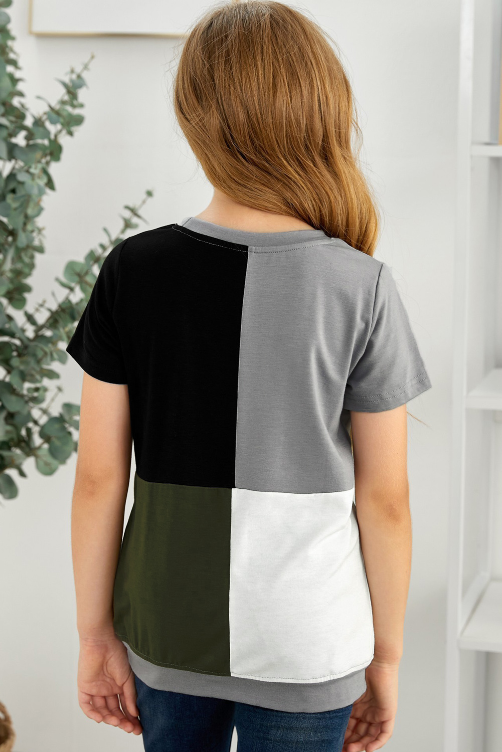 Green Round Neck Color Block Little Girl T-Shirt