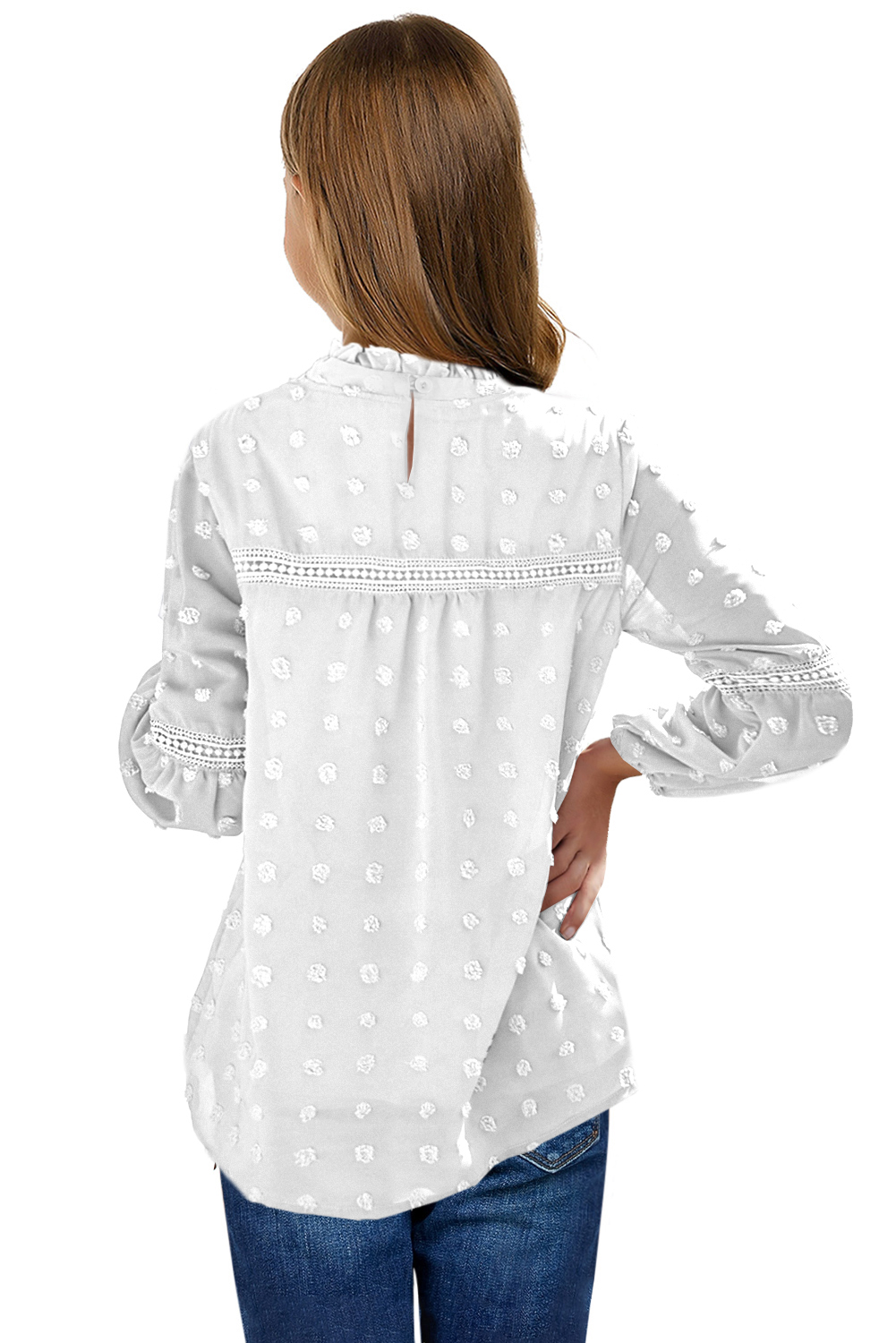 White Split Neck Swiss Dot Little Girls' Blouse