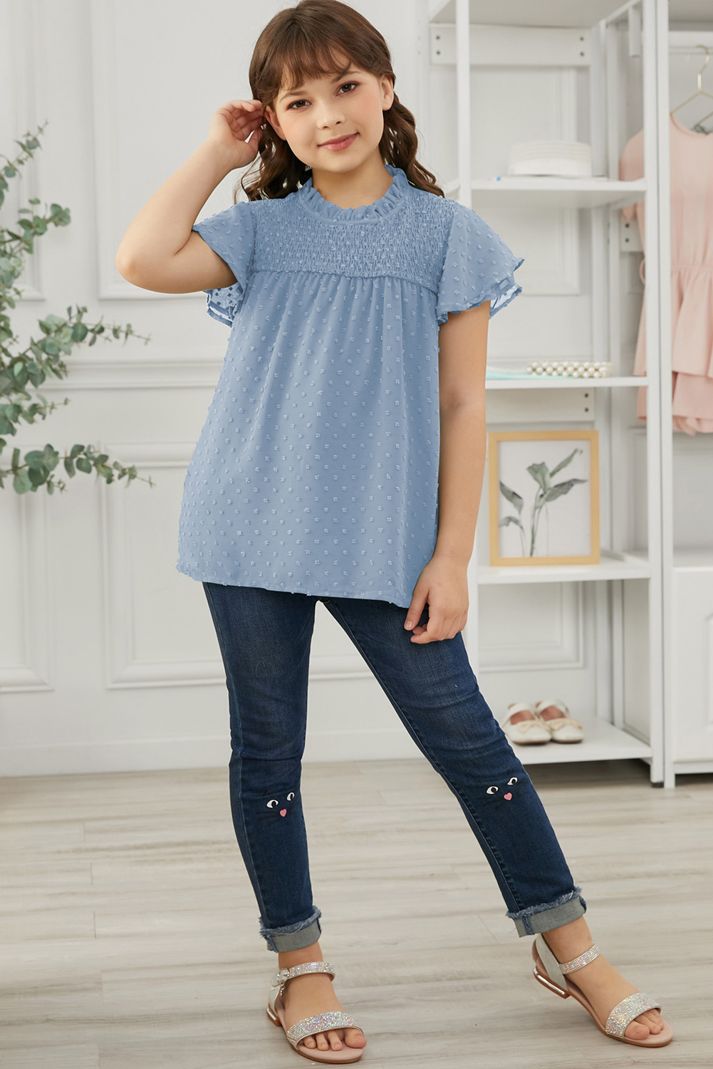 Sky Blue Little Girl Swiss Dot Ruffle Sleeves Top