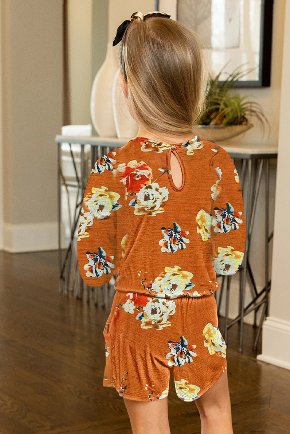 Orange Little Girls' Floral Long Sleeve Romper