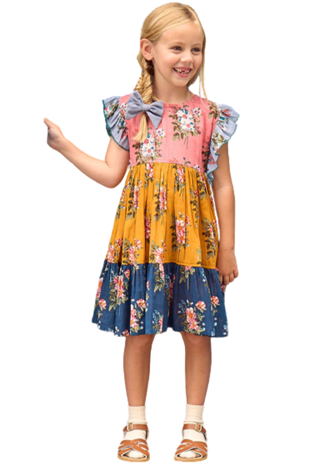 Multicolor Little Girl Colorblock Floral Print Ruffles Pleated Midi Dress