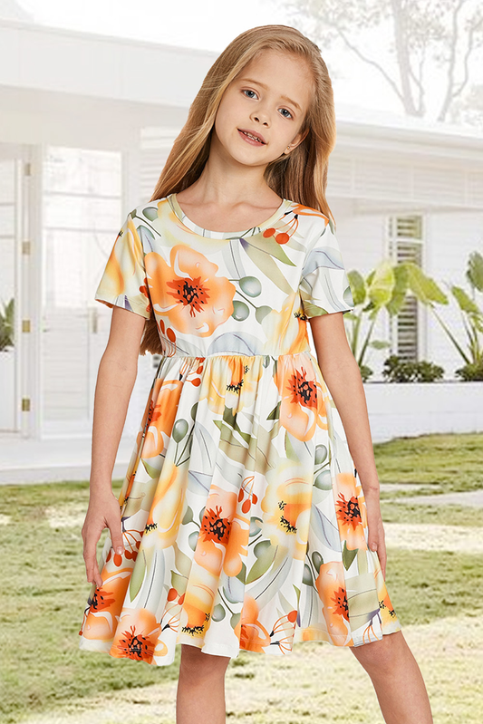 Yellow Crewneck Short Sleeve Floral Girl's Midi Dress