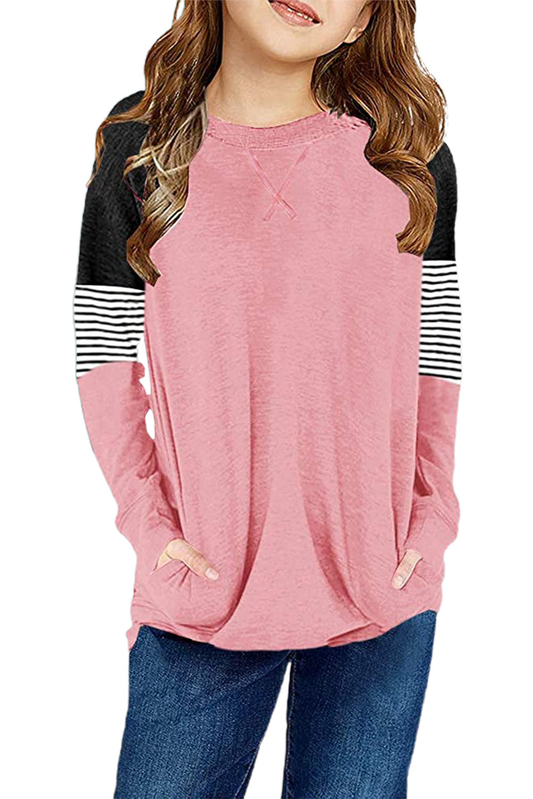 Pink Striped Colorblock Long Sleeve Girls Blouse With Pocket