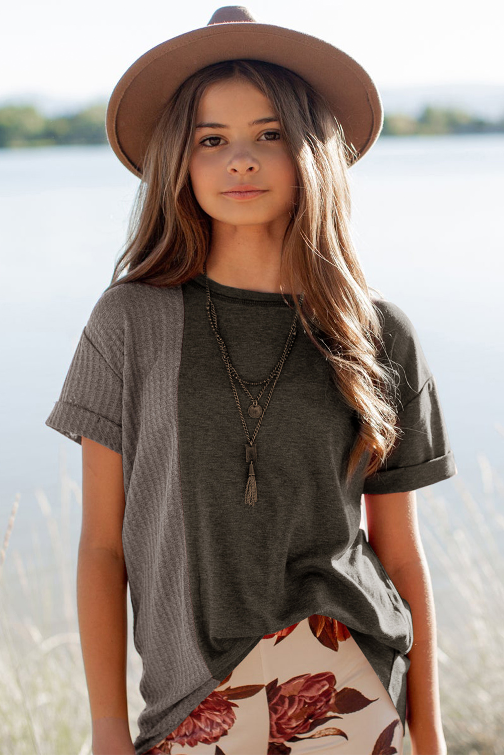 Gray Girls Mix Waffle Textured Short Sleeve Top