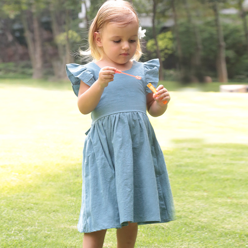 Little Girs' Cotton And Linen Flare Sleeve Princess Dress