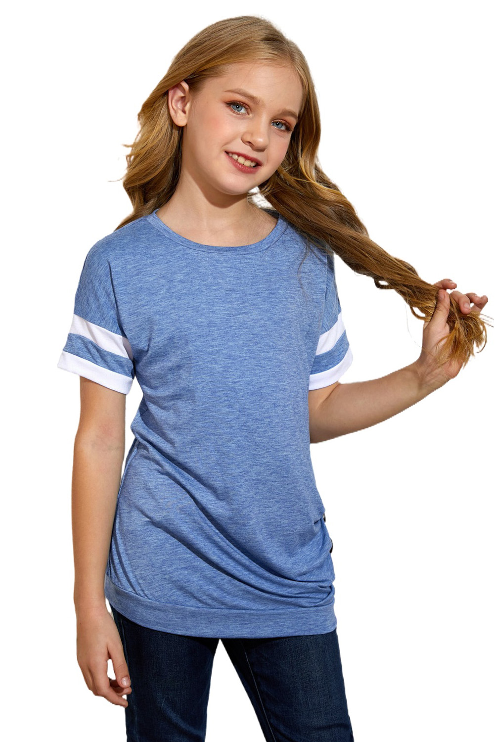 Sky Blue Striped Sleeves Little Girl Tee With Buttoned Side