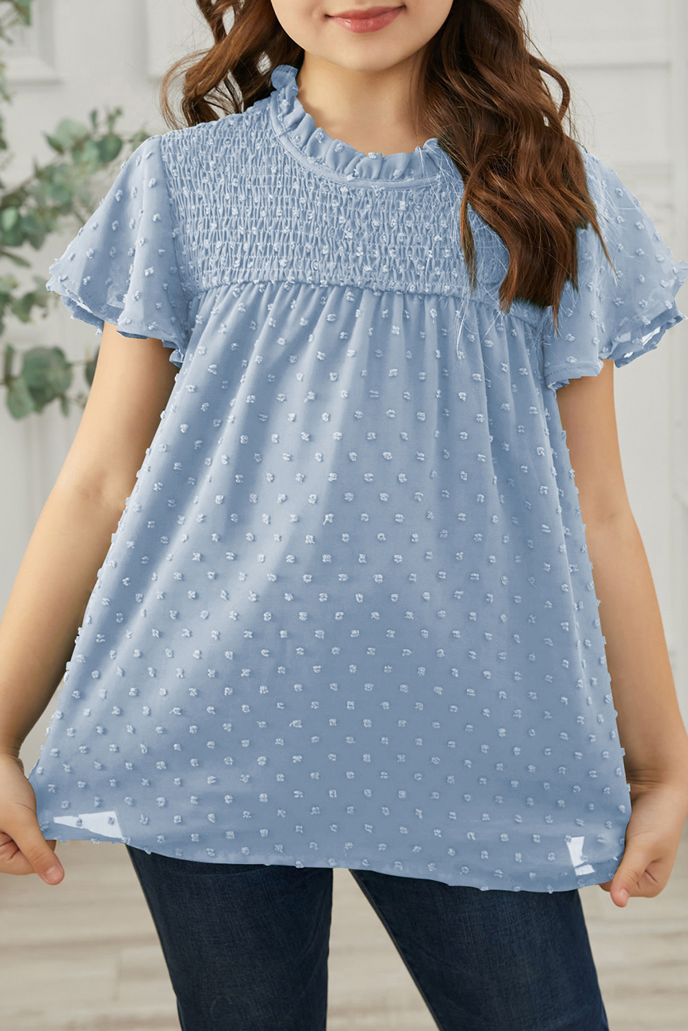 Sky Blue Little Girl Swiss Dot Ruffle Sleeves Top