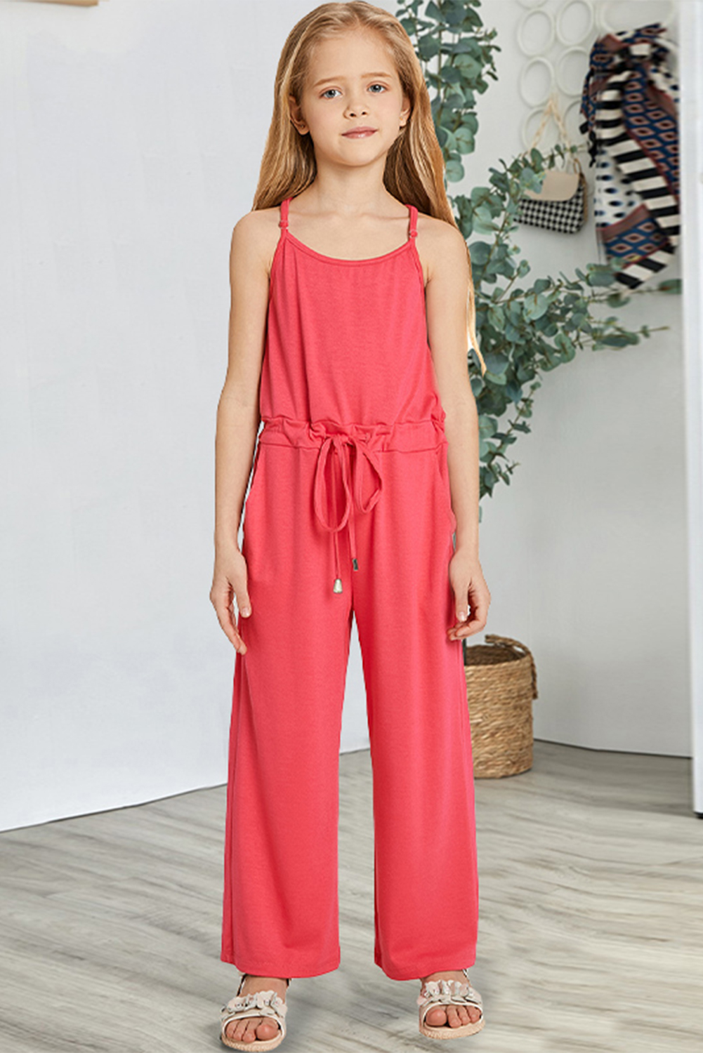 Red Spaghetti Strap Wide Leg Girls Jumpsuit