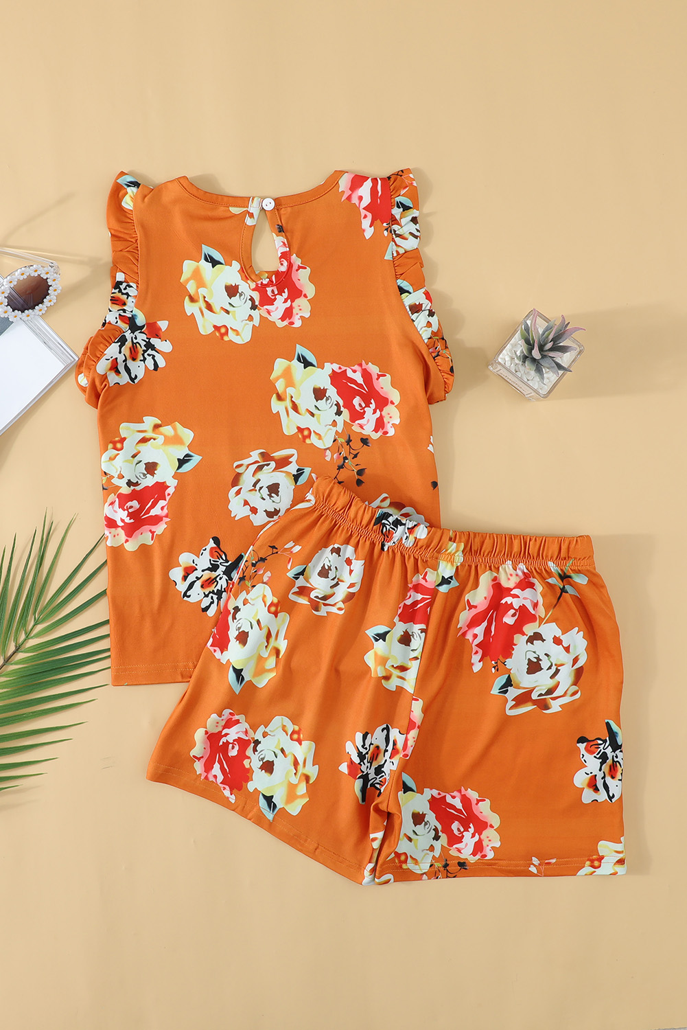 Orange Little Girl Floral Ruffle Tank And Shorts Set