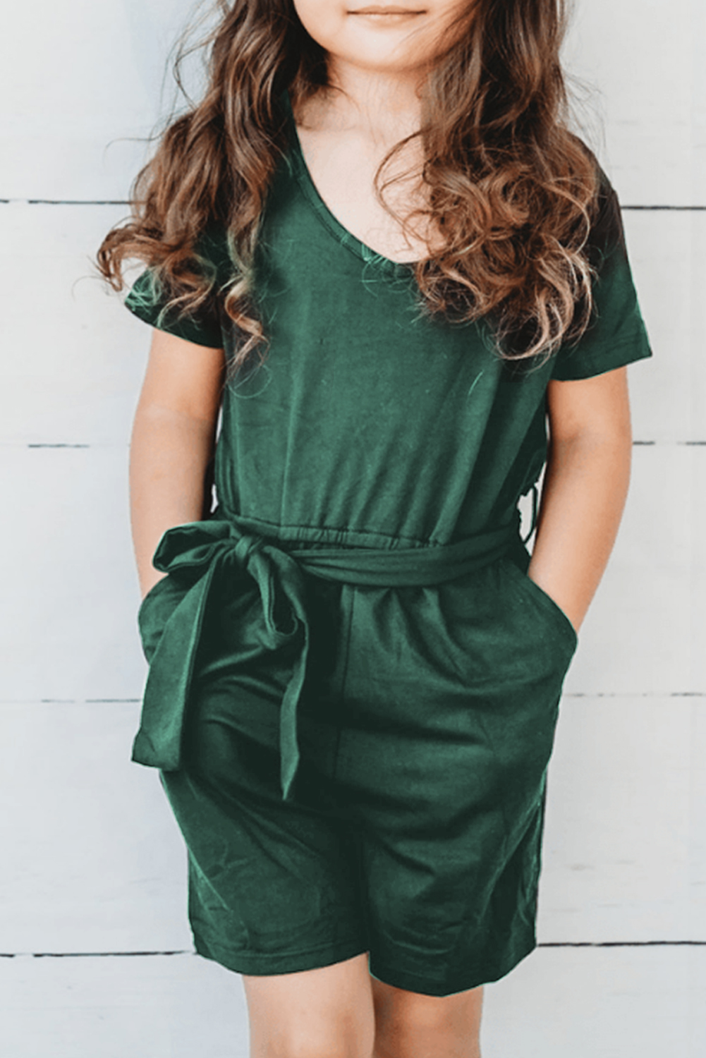 Green Tie Waist V Neck Short Sleeve Girl's Romper