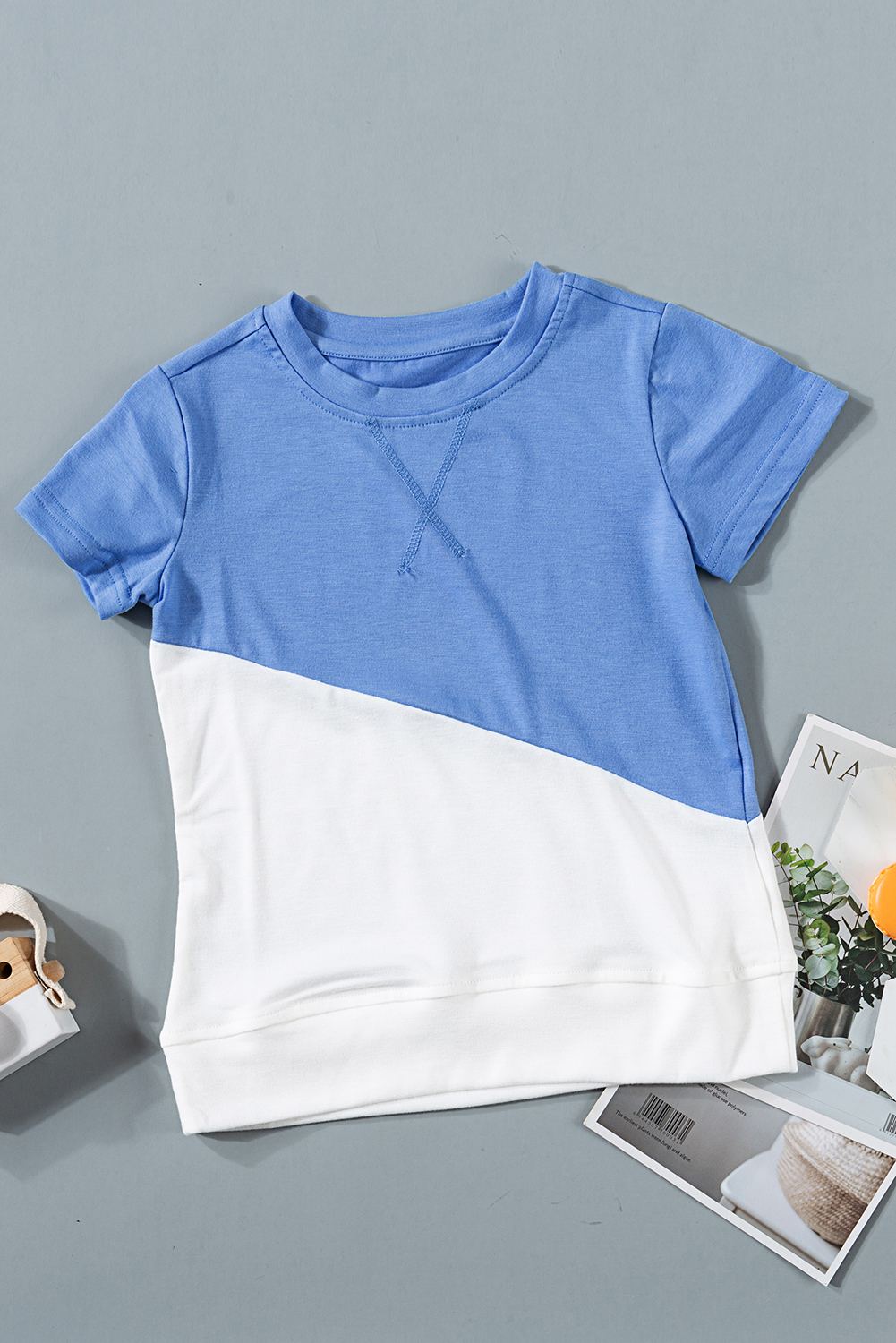 Sky Blue Colorblock Splicing Little Girl Tee