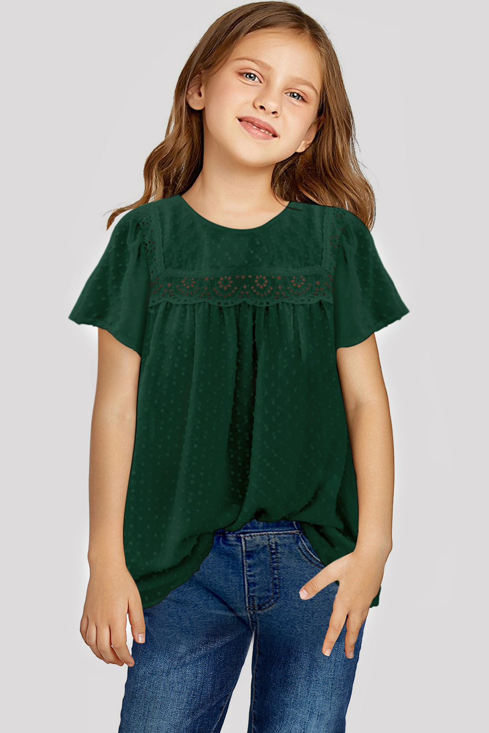 Green Swiss Dot Print Hollow Out Girl's Blouse