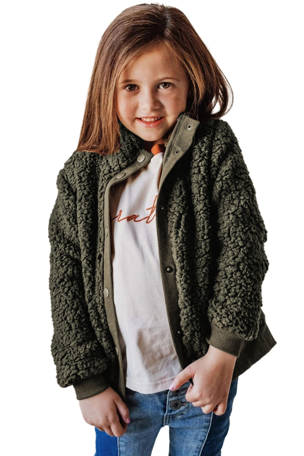 Green Buttoned Solid Fleece Girl's Coat