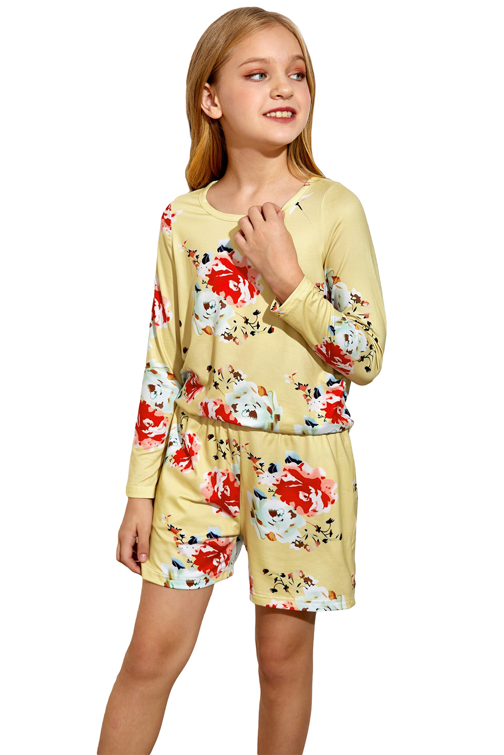 Yellow Little Girls' Floral Long Sleeve Top And Shorts Set