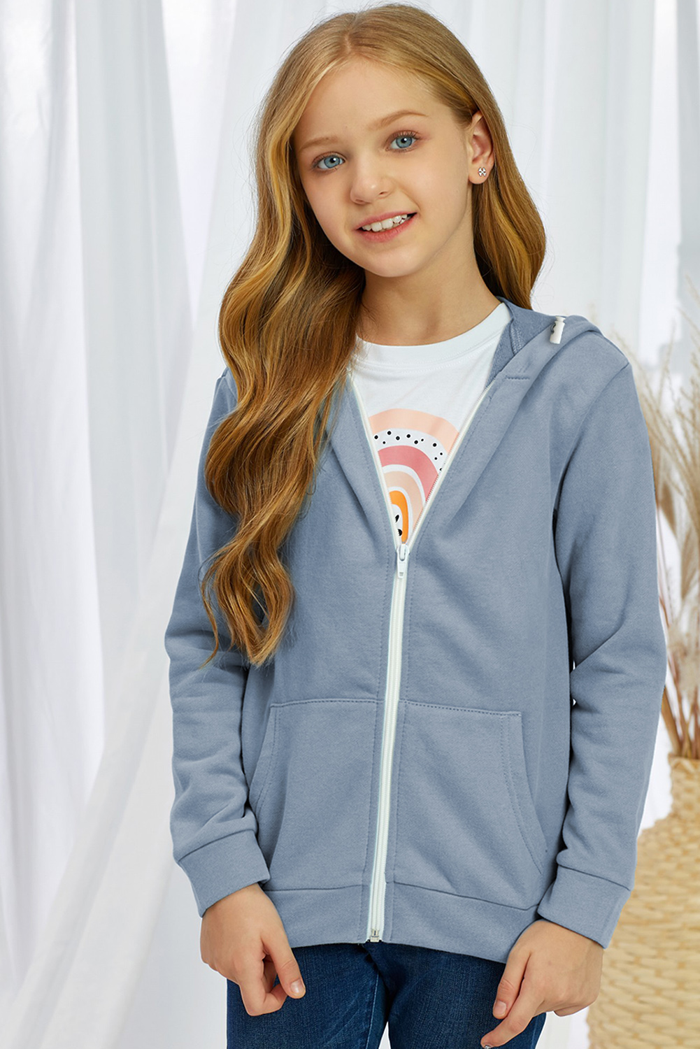 Sky Blue Zipper Hooded Girl’s Coat With Pocket