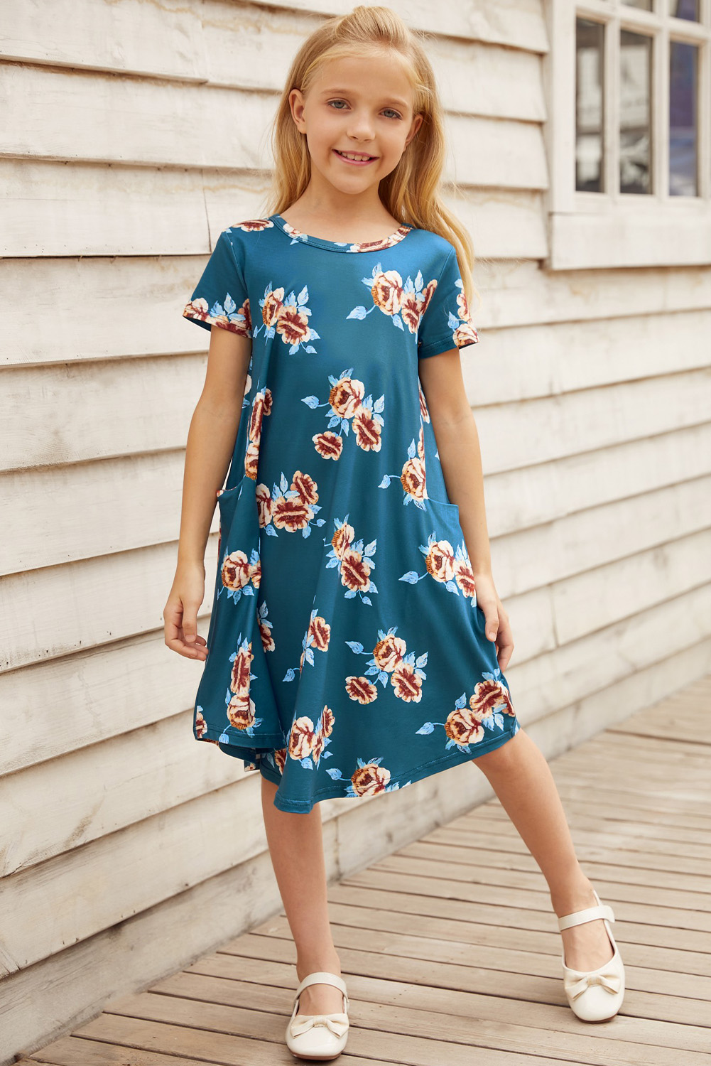 Green Floral Girls T-Shirt Midi Dress