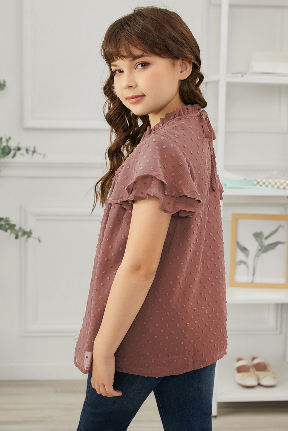 Little Girl Swiss Dot Ruffle Sleeves Top