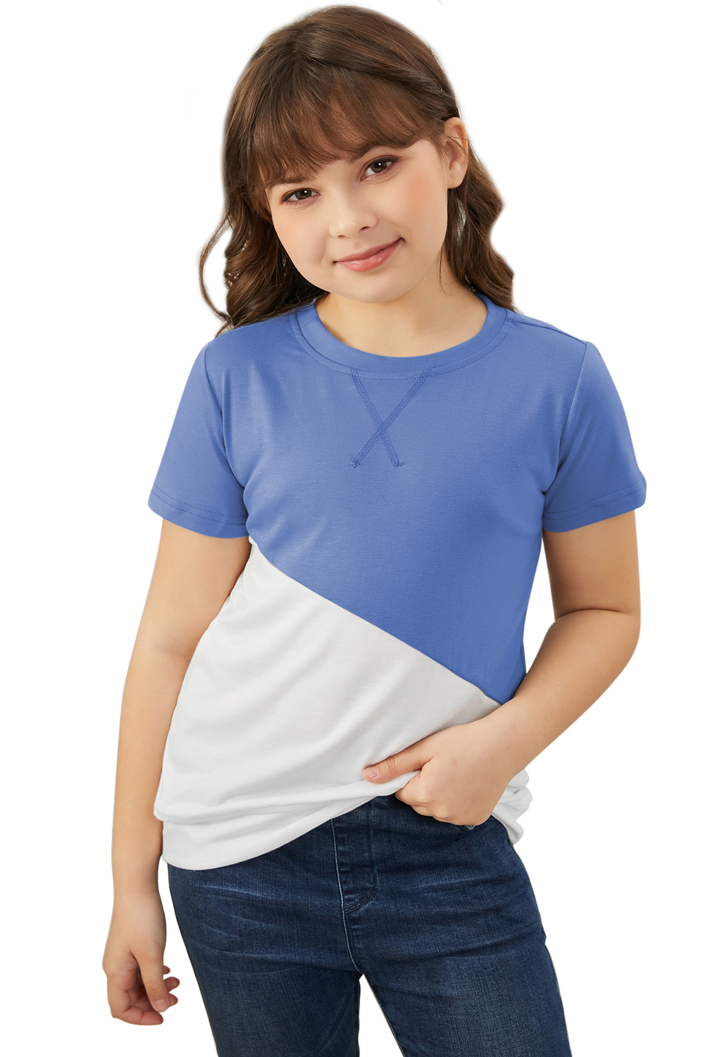 Sky Blue Colorblock Splicing Little Girl Tee