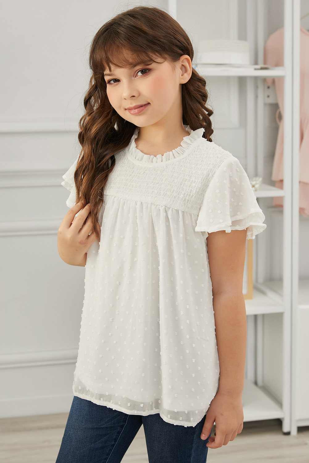 White Little Girl Swiss Dot Ruffle Sleeves Top