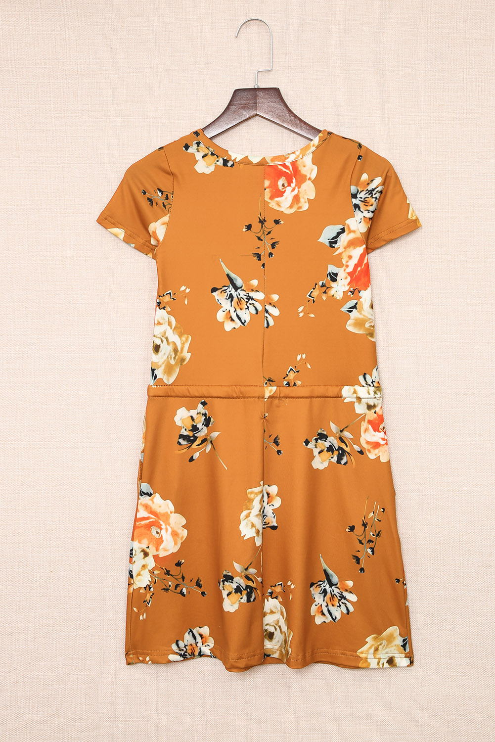 Orange Floral Print Drawstring Short Sleeve Girl's Mini Dress