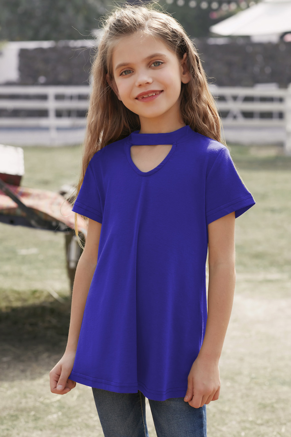 Blue Keyhole Girl’s Short Sleeves Top