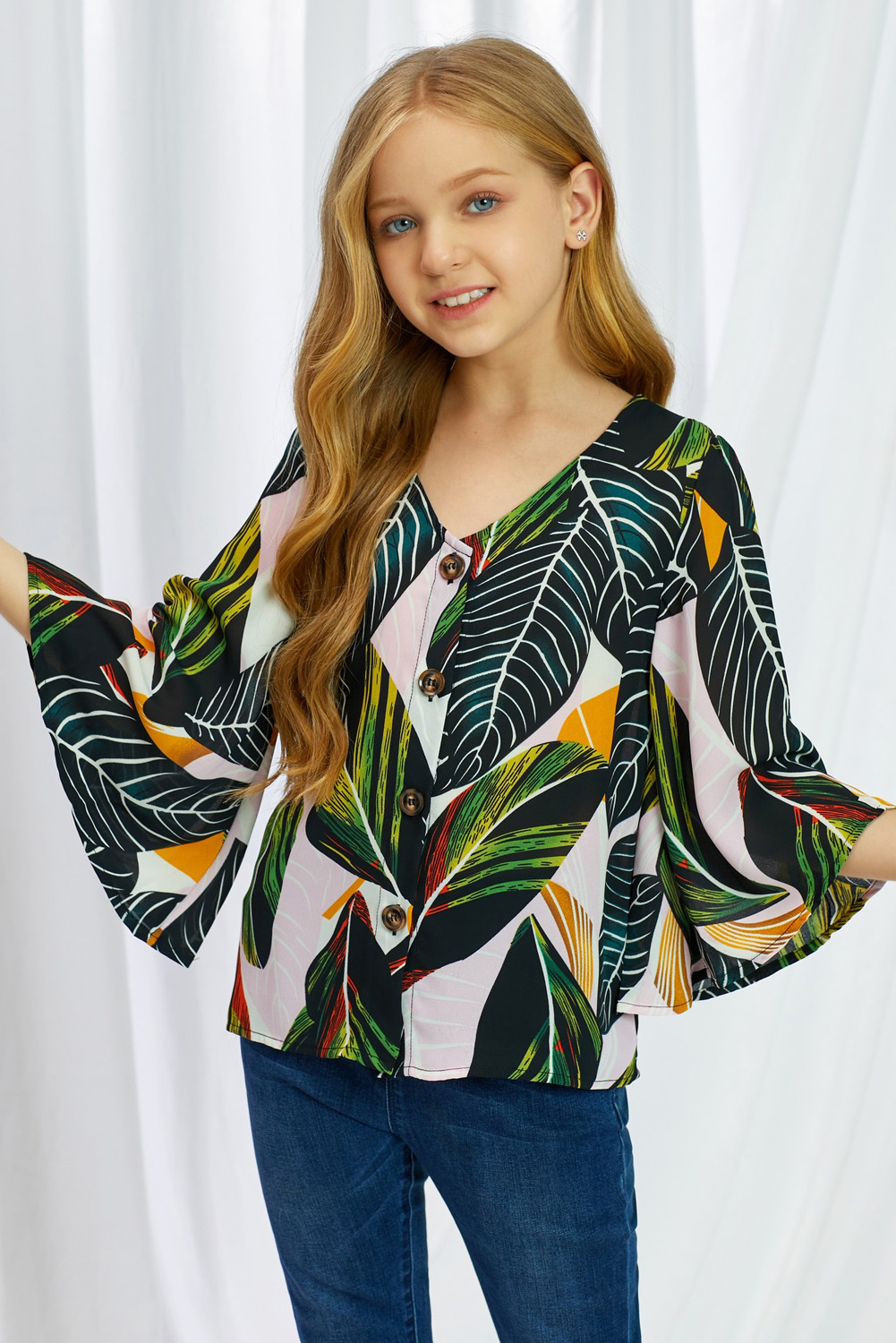 Tropical Leaf V Neck Ruffled Sleeve Buttons Girl's Blouse