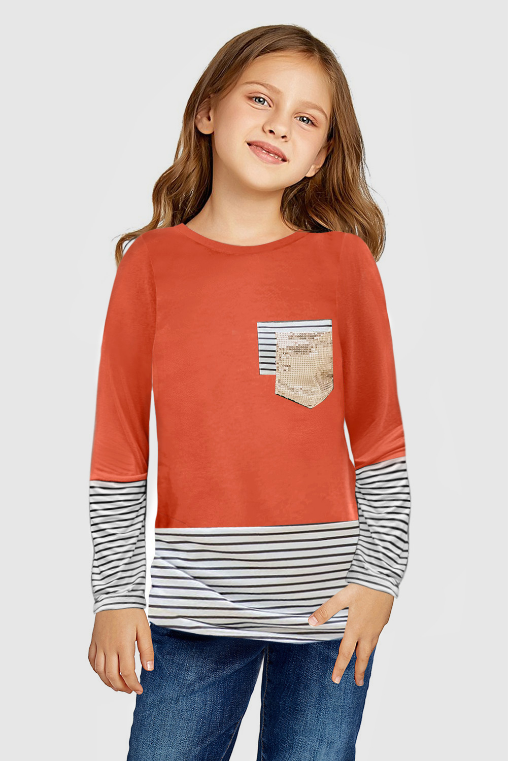 Stripe Patchwork Sequin Pocket Long Sleeve Girl's Top