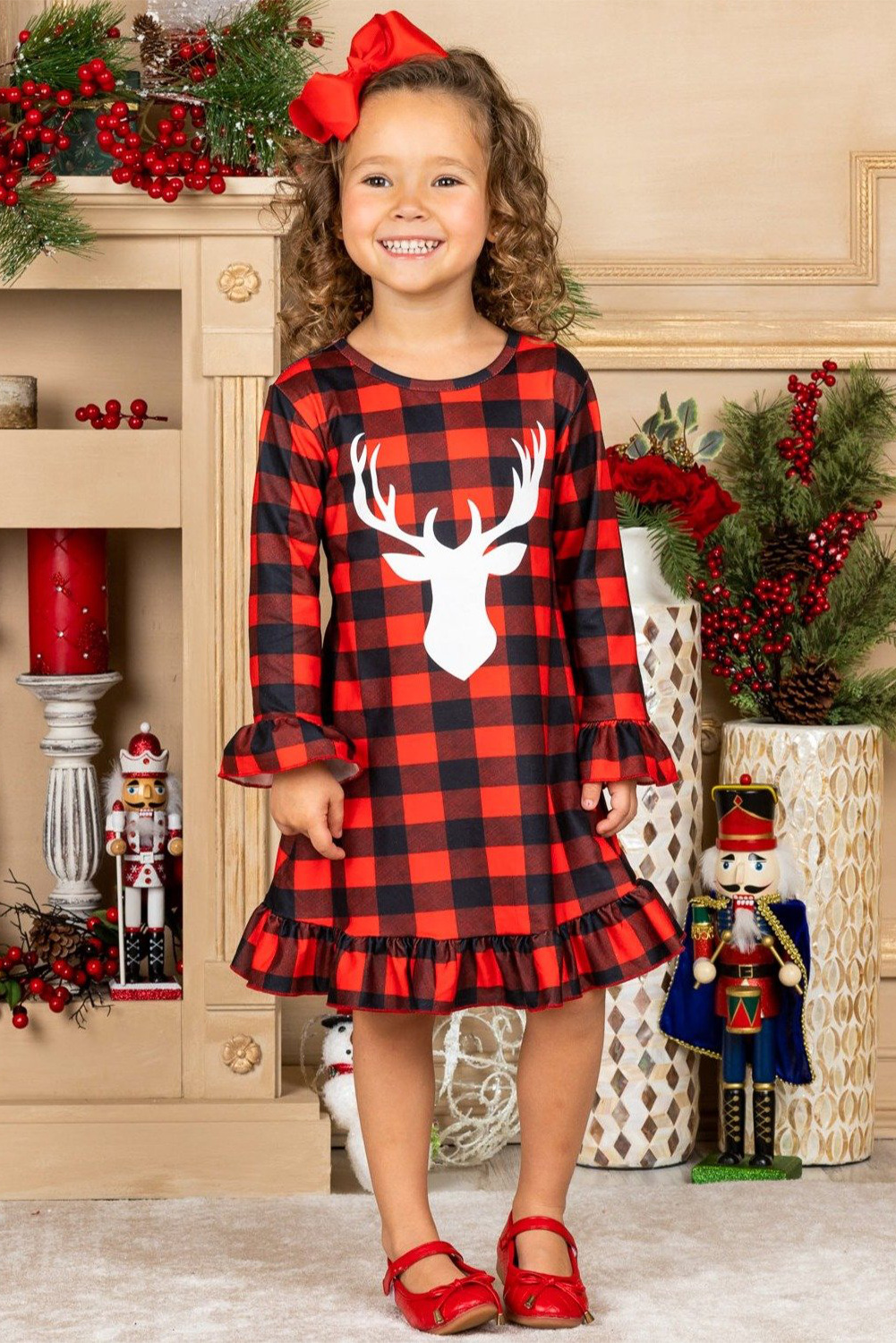 Girls Plaid Reindeer Graphic Ruffled Dress