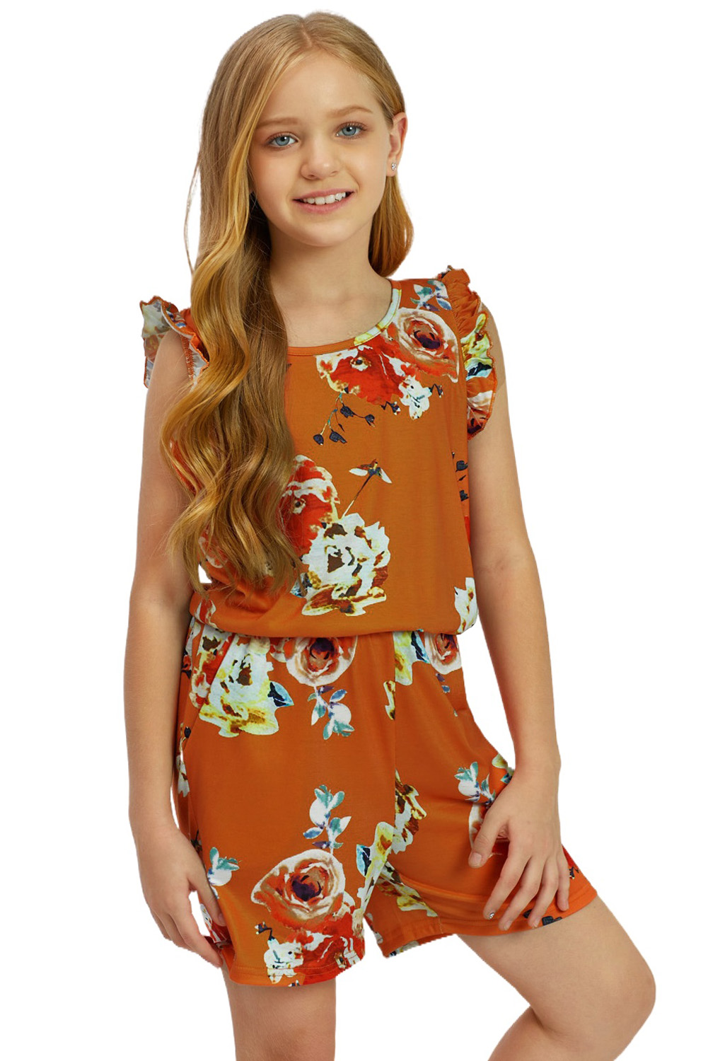 Orange Floral Print Ruffled Sleeveless Girls Romper