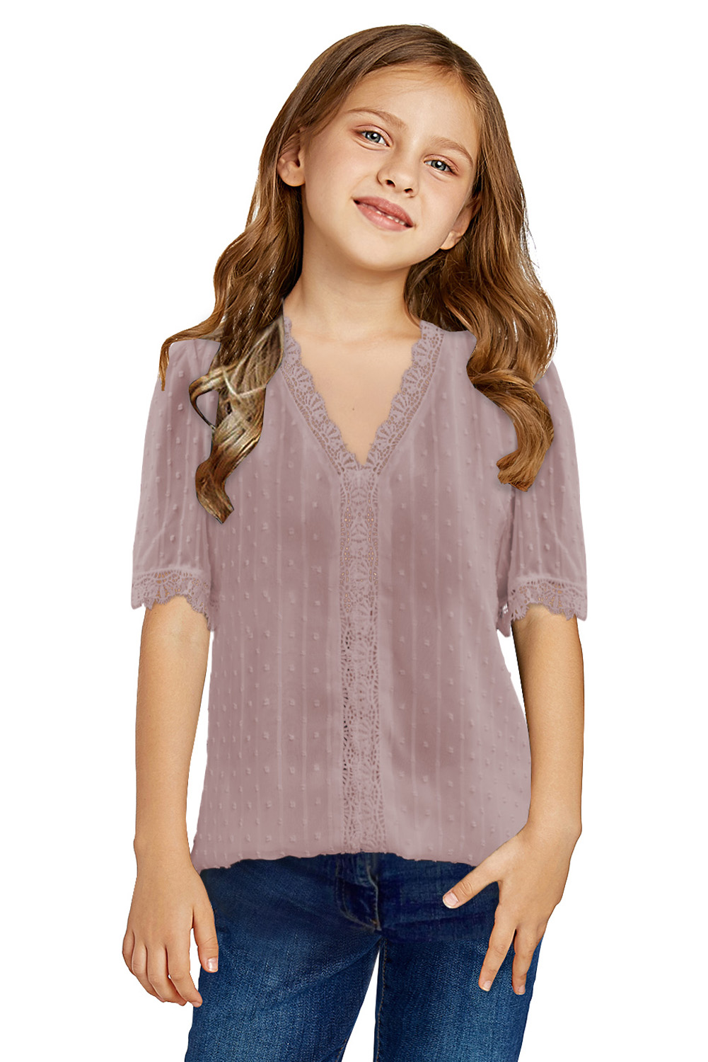 Pink Swiss Dot Lace Short Sleeve Girls Top