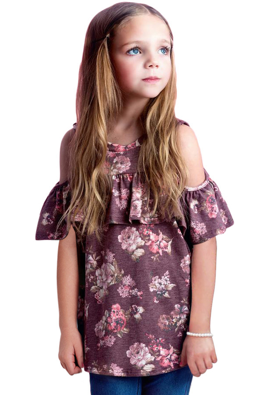 Ruffled Cold Shoulder Floral Girls' Top