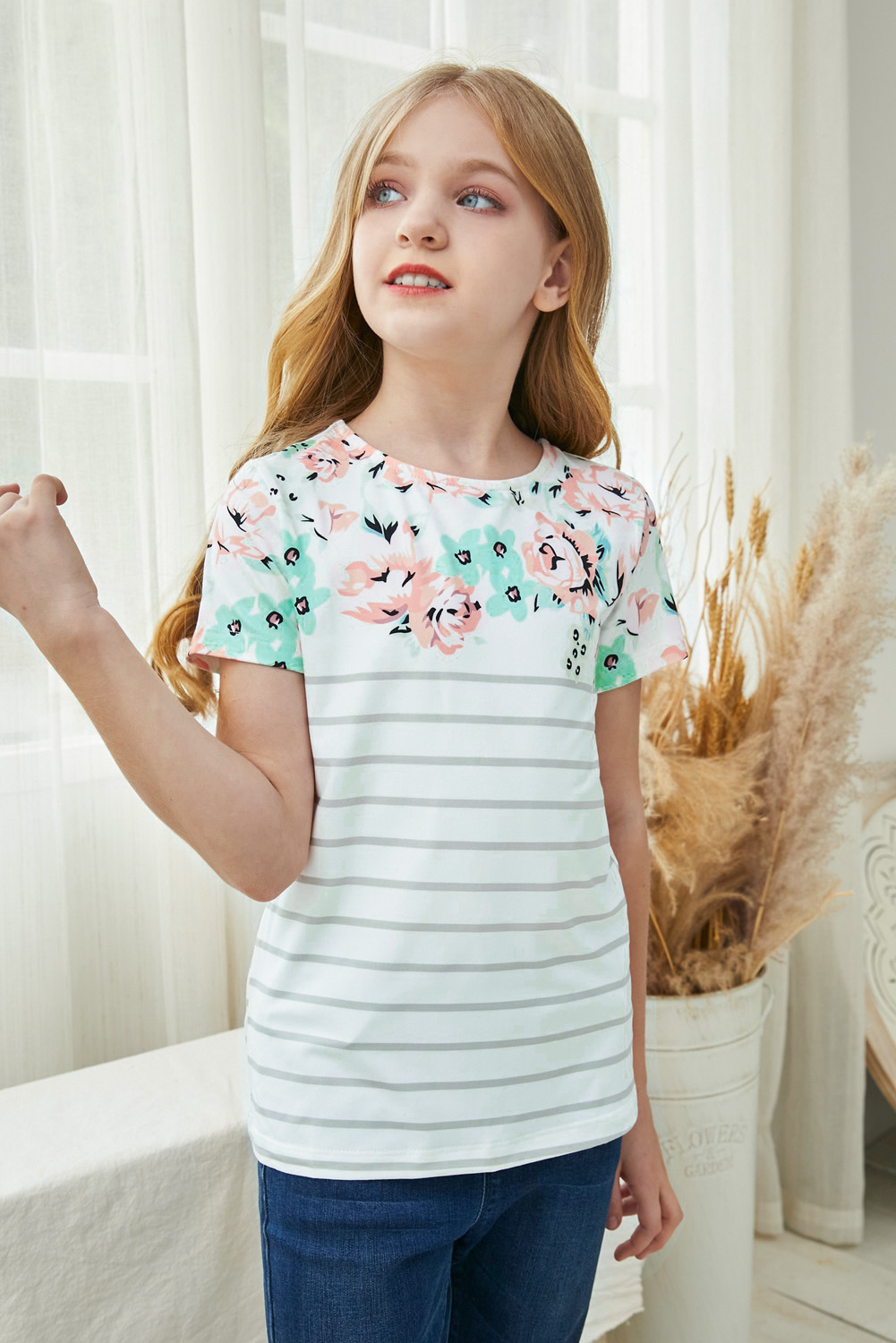 White Round Neck Floral Striped Print Kid's Tee